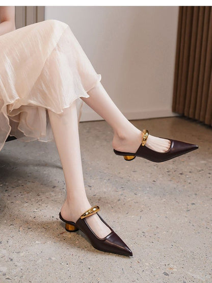 Chunky Heel Pointed Toe Metal Accent Faux Leather Mules