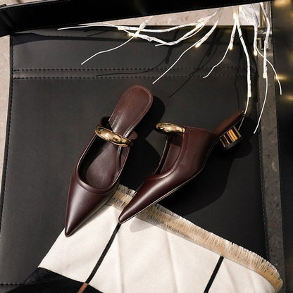 Chunky Heel Pointed Toe Metal Accent Faux Leather Mules