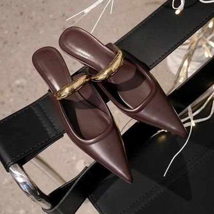 Chunky Heel Pointed Toe Metal Accent Faux Leather Mules