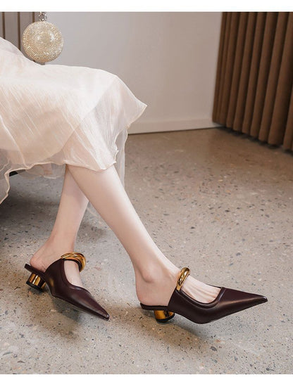 Chunky Heel Pointed Toe Metal Accent Faux Leather Mules