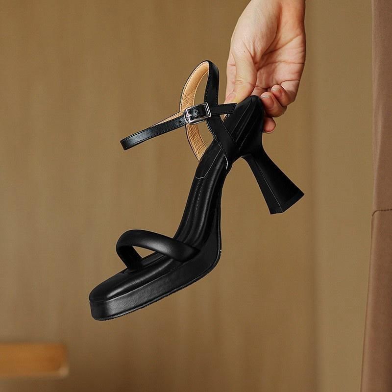 High Heel Square Toe Ankle Strap Plain Faux Leather Sandals