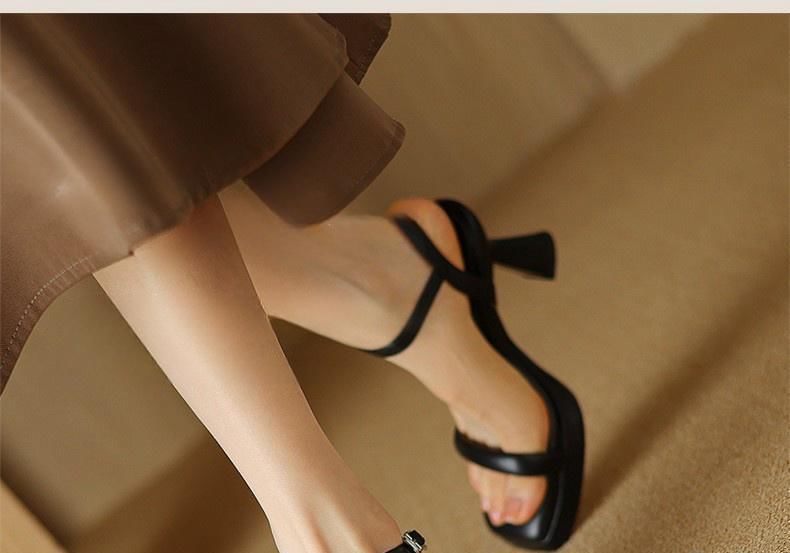 High Heel Square Toe Ankle Strap Plain Faux Leather Sandals