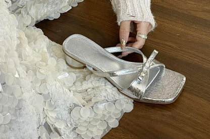 Chunky Heel Square Toe Plain Bow Accent Faux Leather Sandals