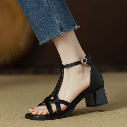 Chunky Heel Ankle Strap Plain Faux Leather Gladiator Sandals