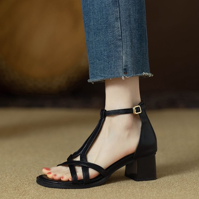 Chunky Heel Ankle Strap Plain Faux Leather Gladiator Sandals