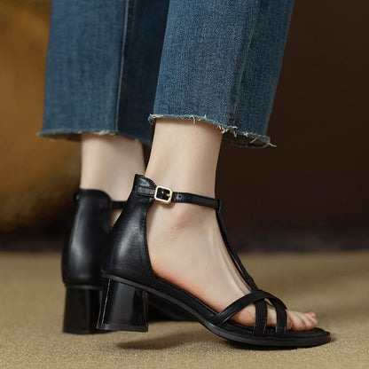 Chunky Heel Ankle Strap Plain Faux Leather Gladiator Sandals