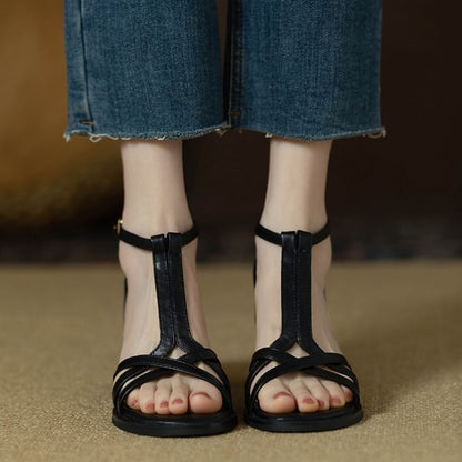 Chunky Heel Ankle Strap Plain Faux Leather Gladiator Sandals