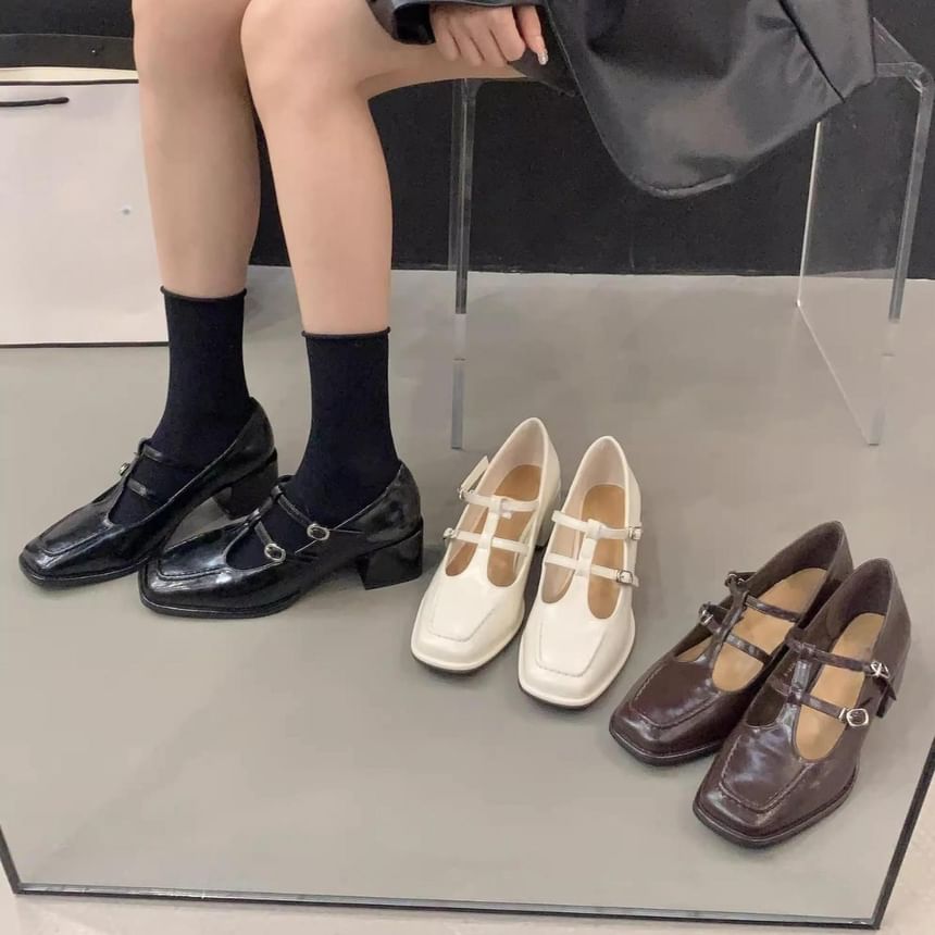 Pumps Chunky Toe Plain Mary Square Jane Heel T-Strap