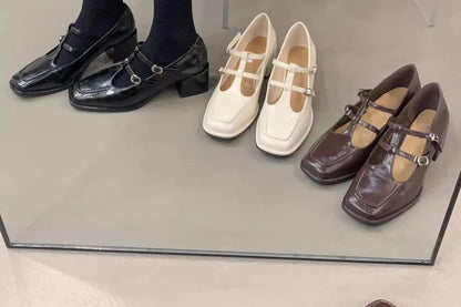 Pumps Chunky Toe Plain Mary Square Jane Heel T-Strap