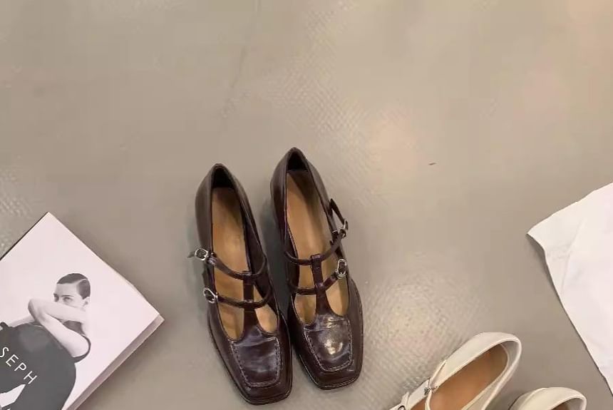 Pumps Chunky Toe Plain Mary Square Jane Heel T-Strap
