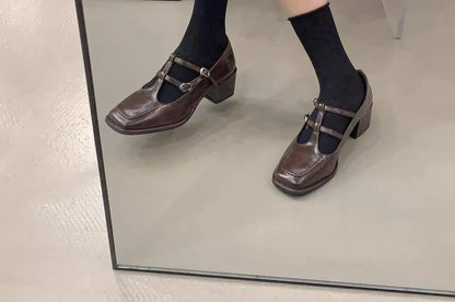 Pumps Chunky Toe Plain Mary Square Jane Heel T-Strap