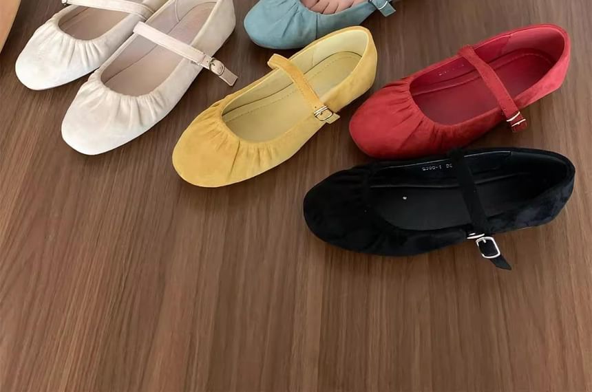 Plain Ruched Faux Suede Mary Jane Flats