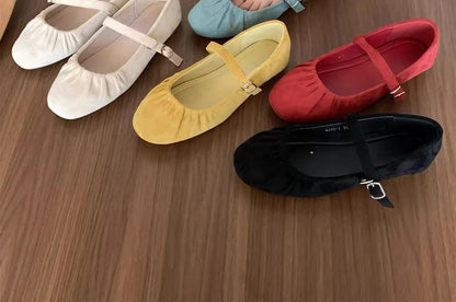 Plain Ruched Faux Suede Mary Jane Flats