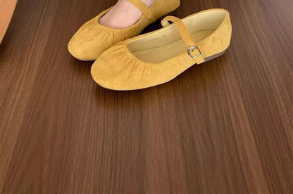 Plain Ruched Faux Suede Mary Jane Flats