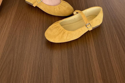 Plain Ruched Faux Suede Mary Jane Flats