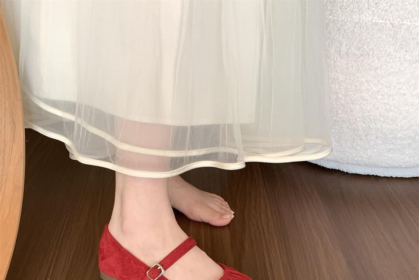 Plain Ruched Faux Suede Mary Jane Flats