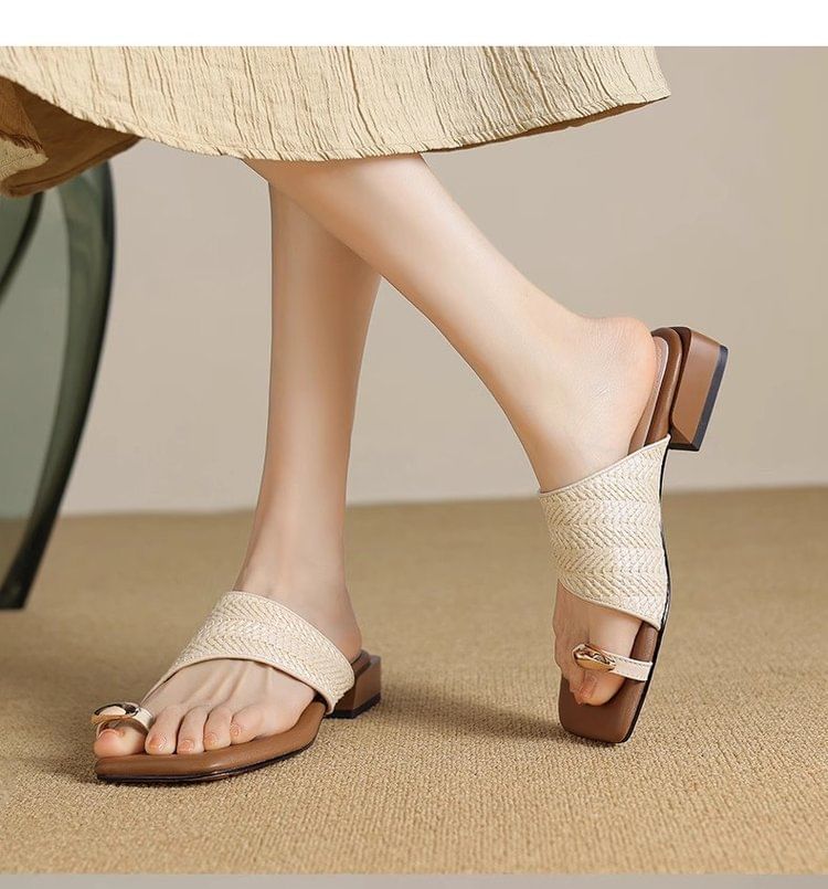 Chunky Heel Square Toe Metal Accent Straw Toe Loop Sandals