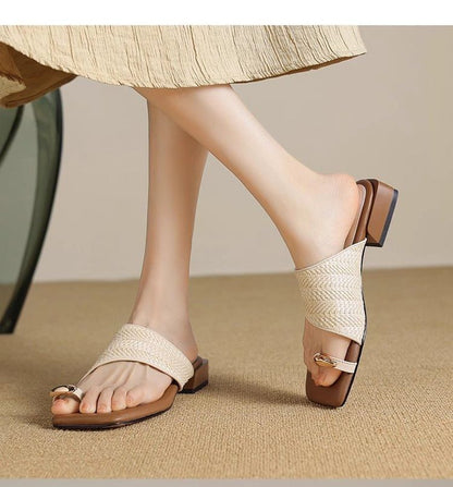 Chunky Heel Square Toe Metal Accent Straw Toe Loop Sandals