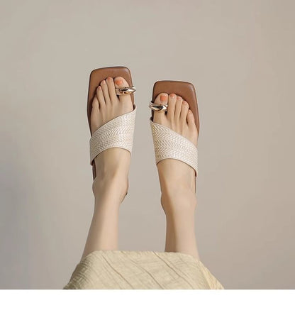 Chunky Heel Square Toe Metal Accent Straw Toe Loop Sandals