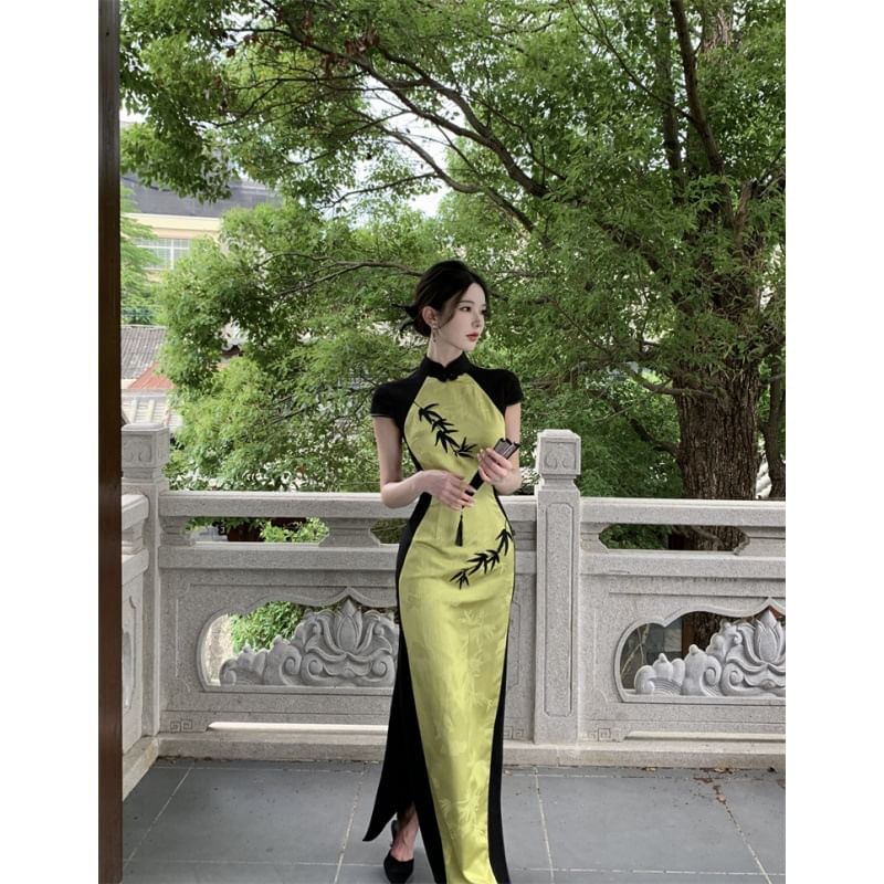 Cap Sleeve Panel Jacquard Maxi Sheath Qipao