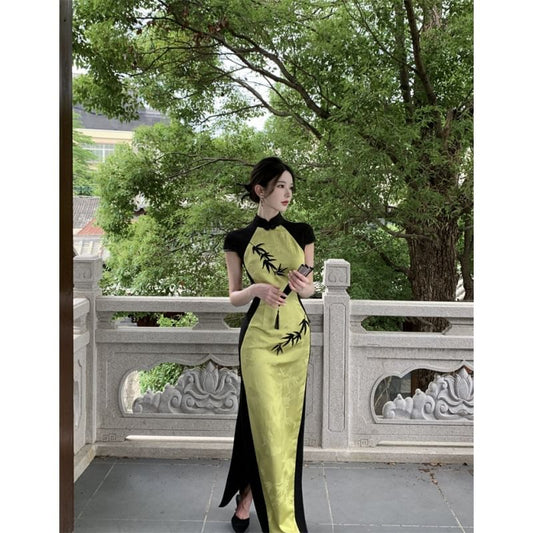 Cap Sleeve Panel Jacquard Maxi Sheath Qipao