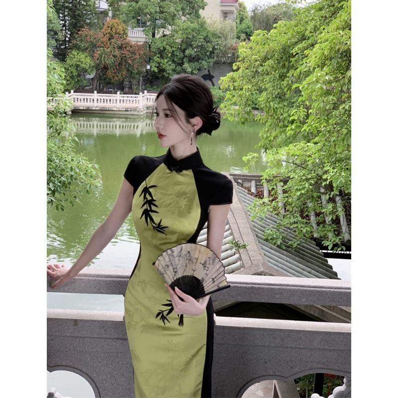Cap Sleeve Panel Jacquard Maxi Sheath Qipao