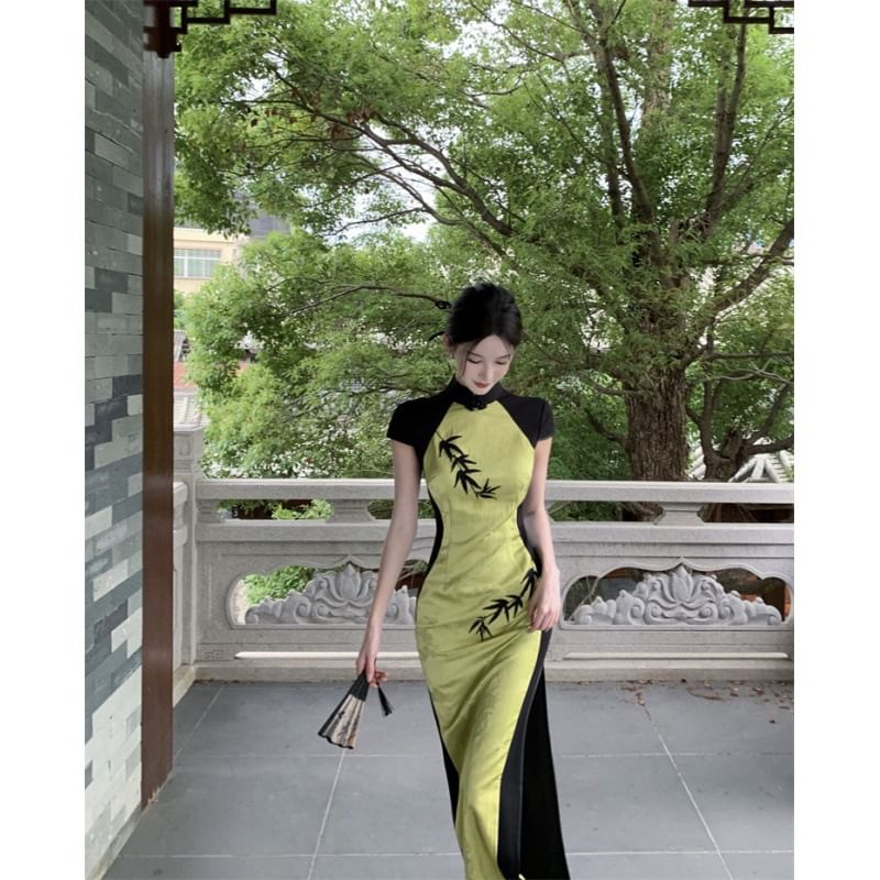 Cap Sleeve Panel Jacquard Maxi Sheath Qipao