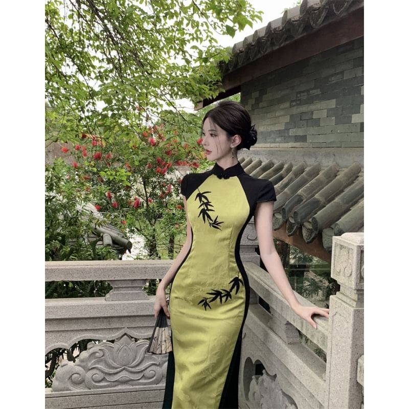 Cap Sleeve Panel Jacquard Maxi Sheath Qipao