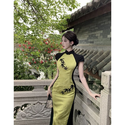 Cap Sleeve Panel Jacquard Maxi Sheath Qipao
