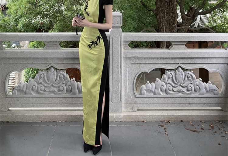 Cap Sleeve Panel Jacquard Maxi Sheath Qipao