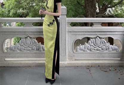 Cap Sleeve Panel Jacquard Maxi Sheath Qipao