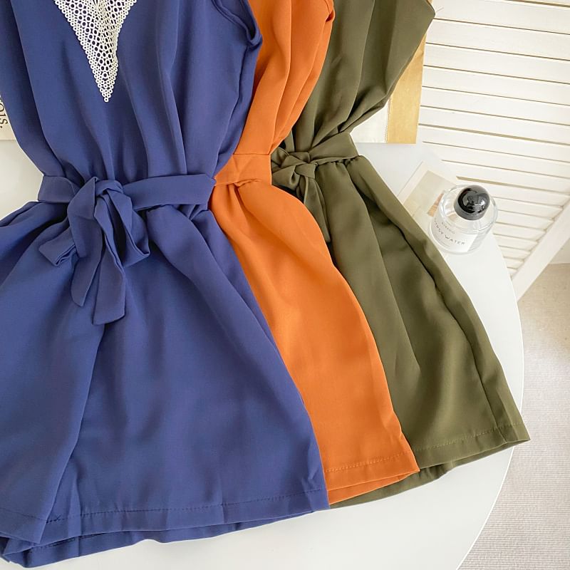 Sleeveless V-Neck Tie-Waist Panel Romper