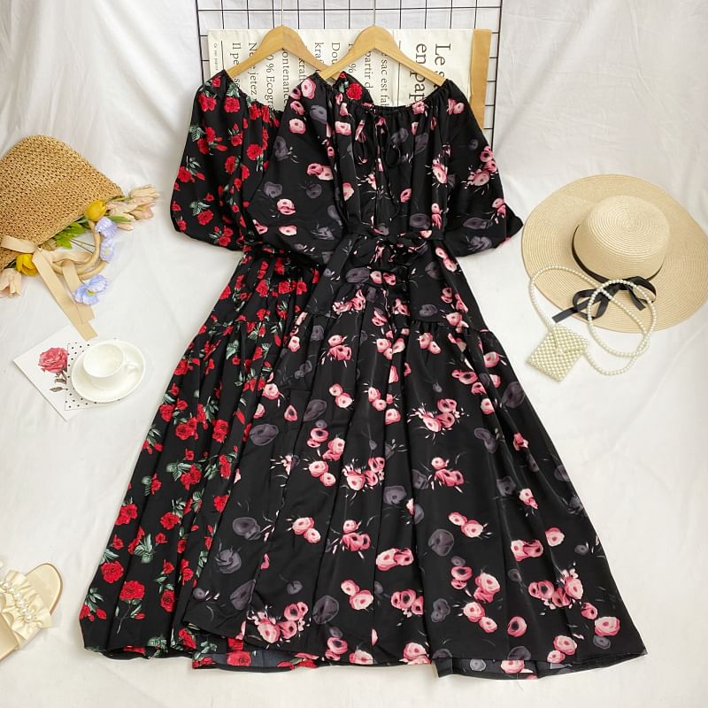 Short-Sleeve Round Neck Floral Print Tie-Up Maxi A-Line Dress