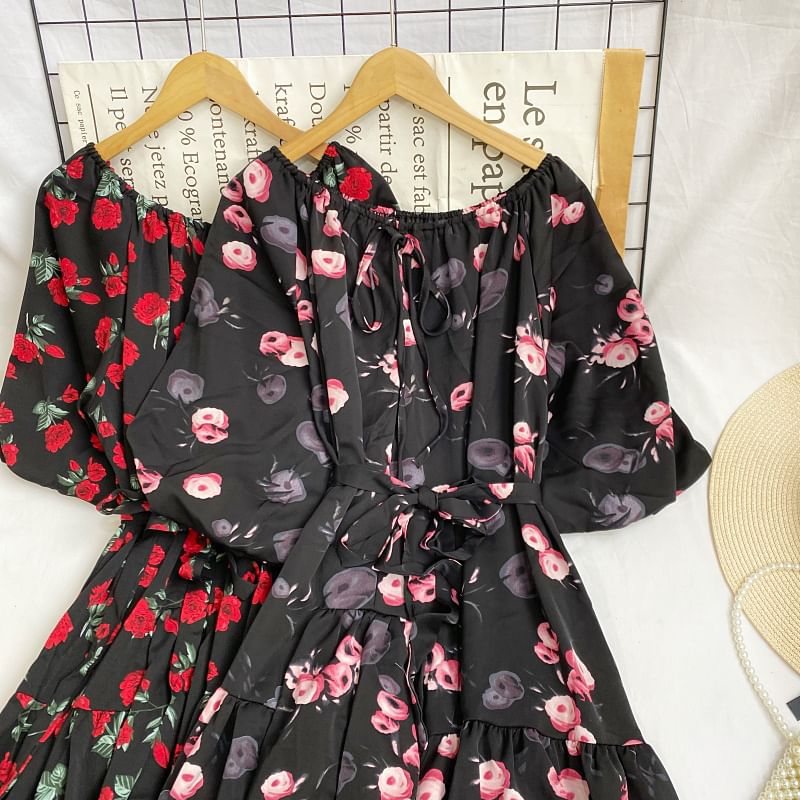 Short-Sleeve Round Neck Floral Print Tie-Up Maxi A-Line Dress