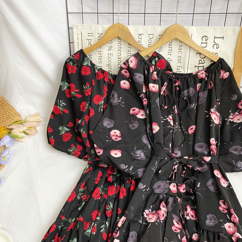 Short-Sleeve Round Neck Floral Print Tie-Up Maxi A-Line Dress