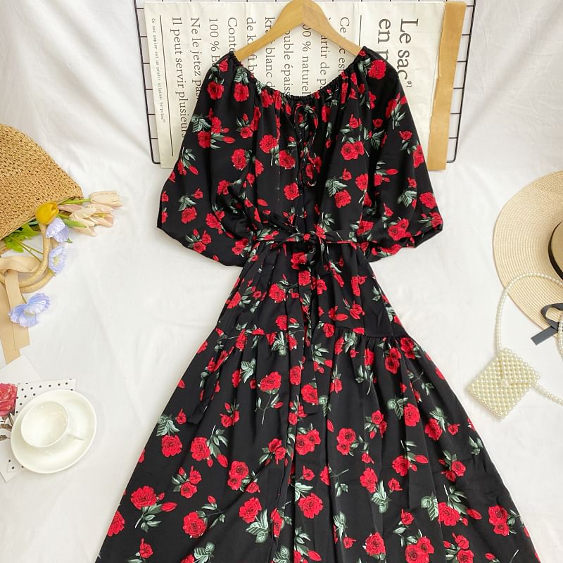 Short-Sleeve Round Neck Floral Print Tie-Up Maxi A-Line Dress