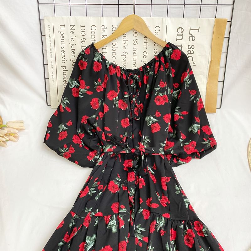 Short-Sleeve Round Neck Floral Print Tie-Up Maxi A-Line Dress