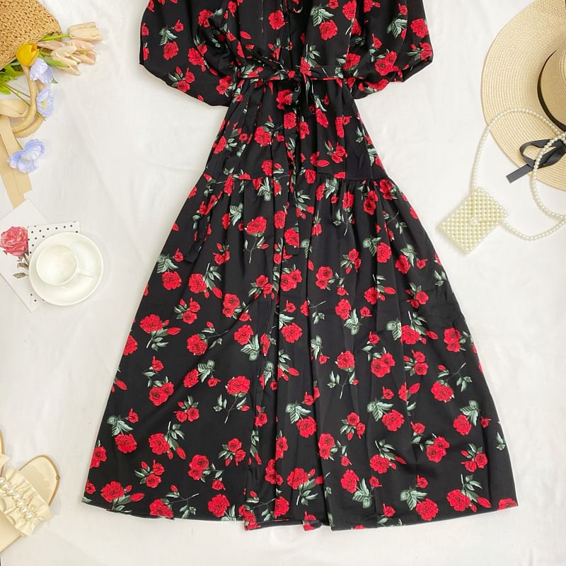 Short-Sleeve Round Neck Floral Print Tie-Up Maxi A-Line Dress