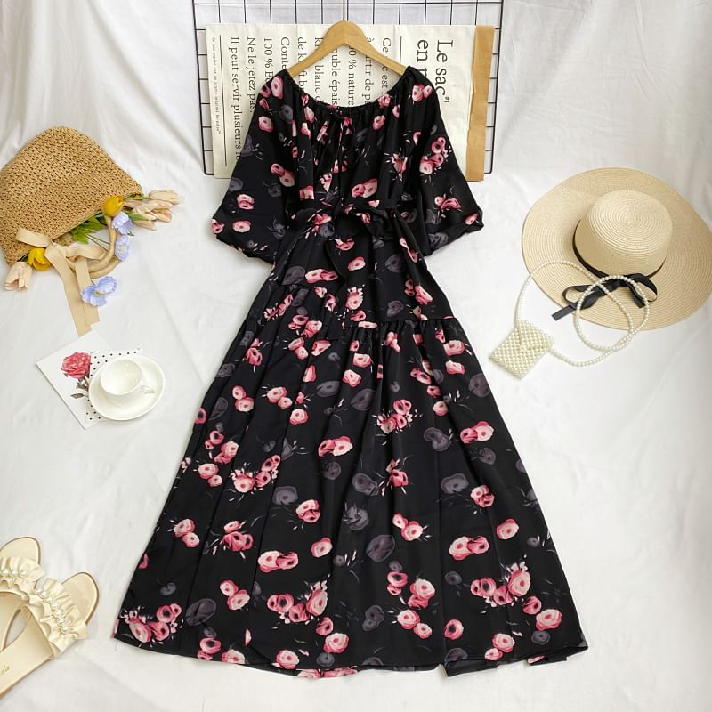 Short-Sleeve Round Neck Floral Print Tie-Up Maxi A-Line Dress