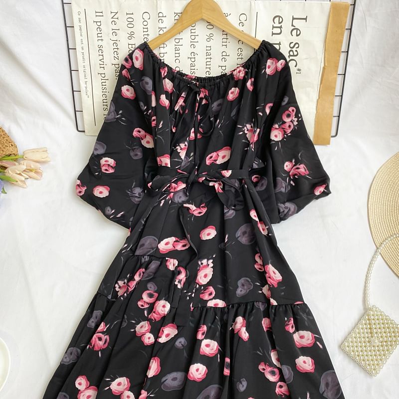 Short-Sleeve Round Neck Floral Print Tie-Up Maxi A-Line Dress