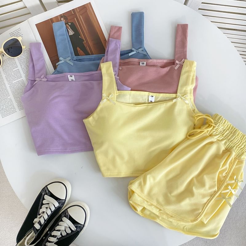 Set: Square Neck Plain Bow Crop Camisole Top + Drawstring Waist Sweat Shorts