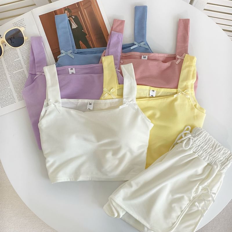 Set: Square Neck Plain Bow Crop Camisole Top + Drawstring Waist Sweat Shorts