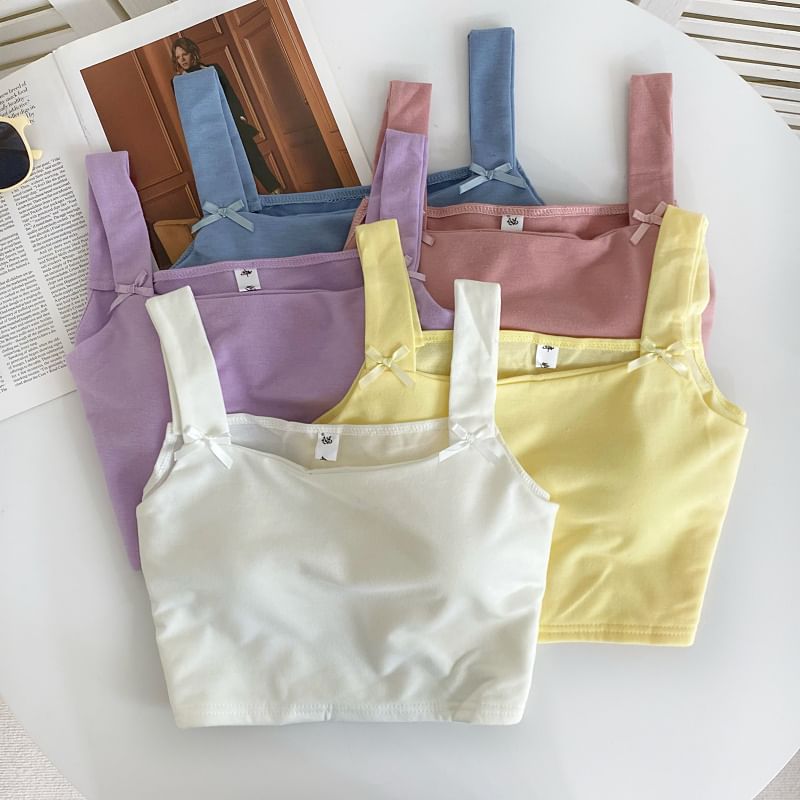 Set: Square Neck Plain Bow Crop Camisole Top + Drawstring Waist Sweat Shorts