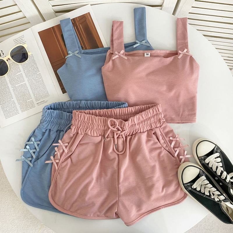 Set: Square Neck Plain Bow Crop Camisole Top + Drawstring Waist Sweat Shorts