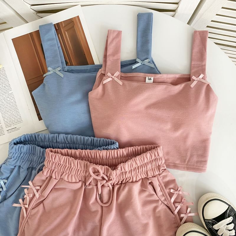 Set: Square Neck Plain Bow Crop Camisole Top + Drawstring Waist Sweat Shorts