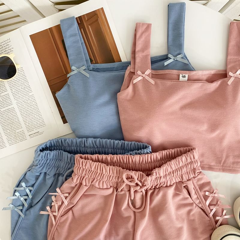 Set: Square Neck Plain Bow Crop Camisole Top + Drawstring Waist Sweat Shorts