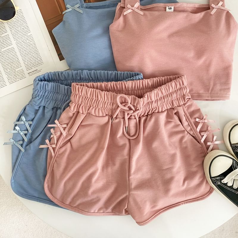 Set: Square Neck Plain Bow Crop Camisole Top + Drawstring Waist Sweat Shorts