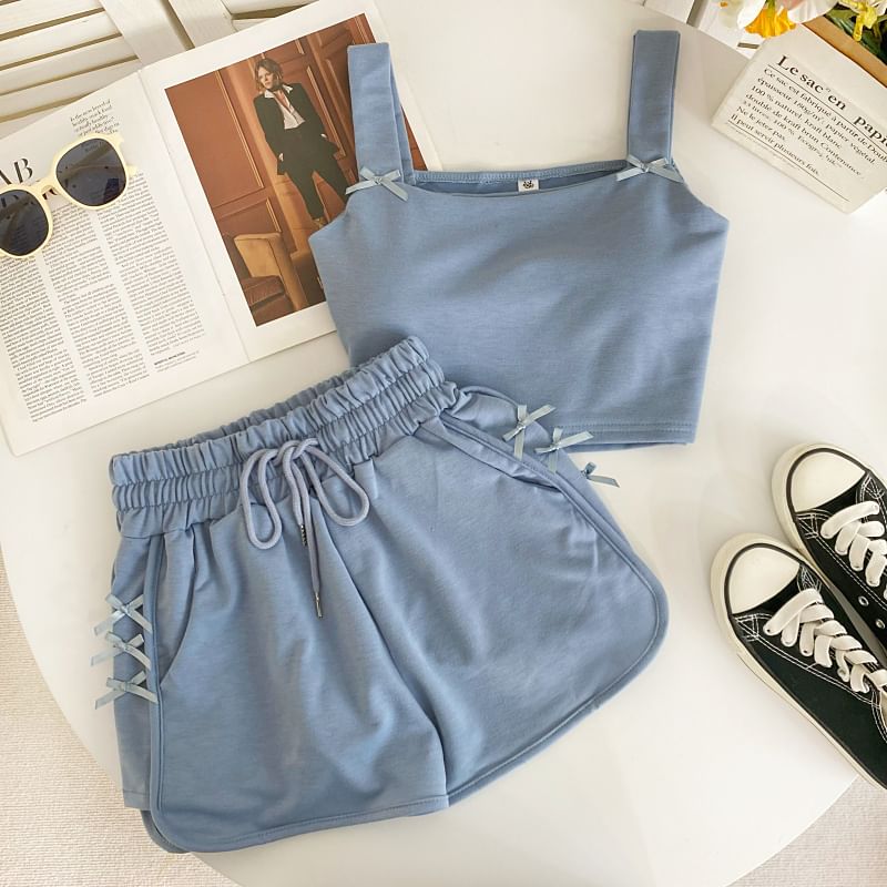 Set: Square Neck Plain Bow Crop Camisole Top + Drawstring Waist Sweat Shorts