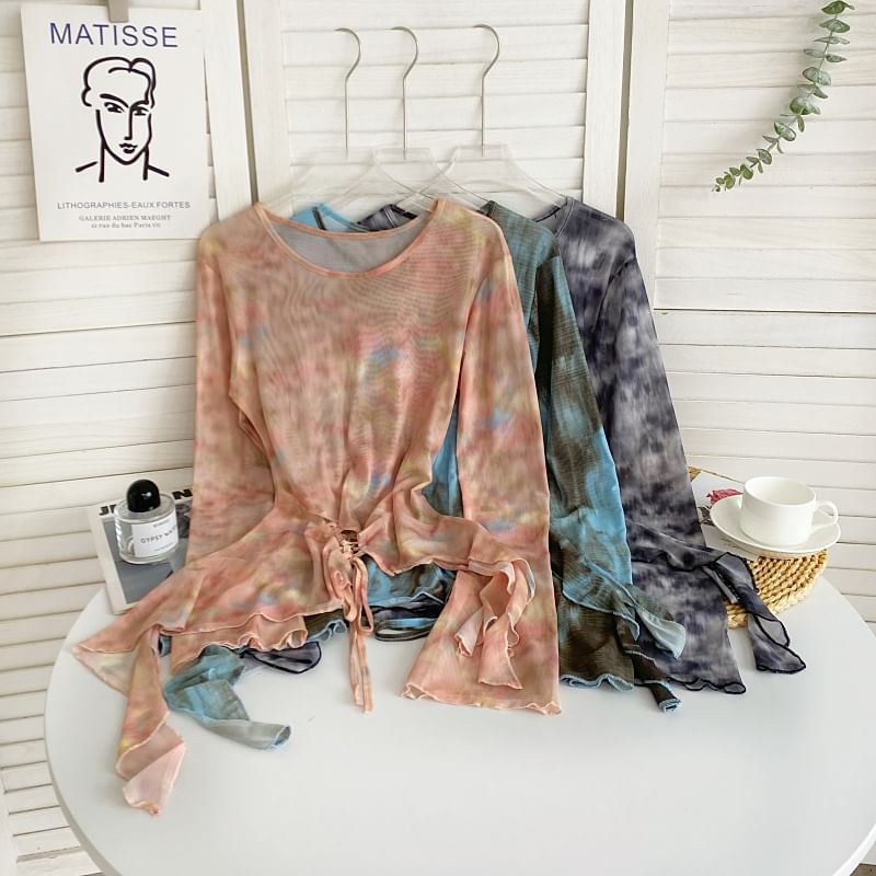 Long-Sleeve Round Neck Tie Dye Asymmetrical Lace Up Mesh Top