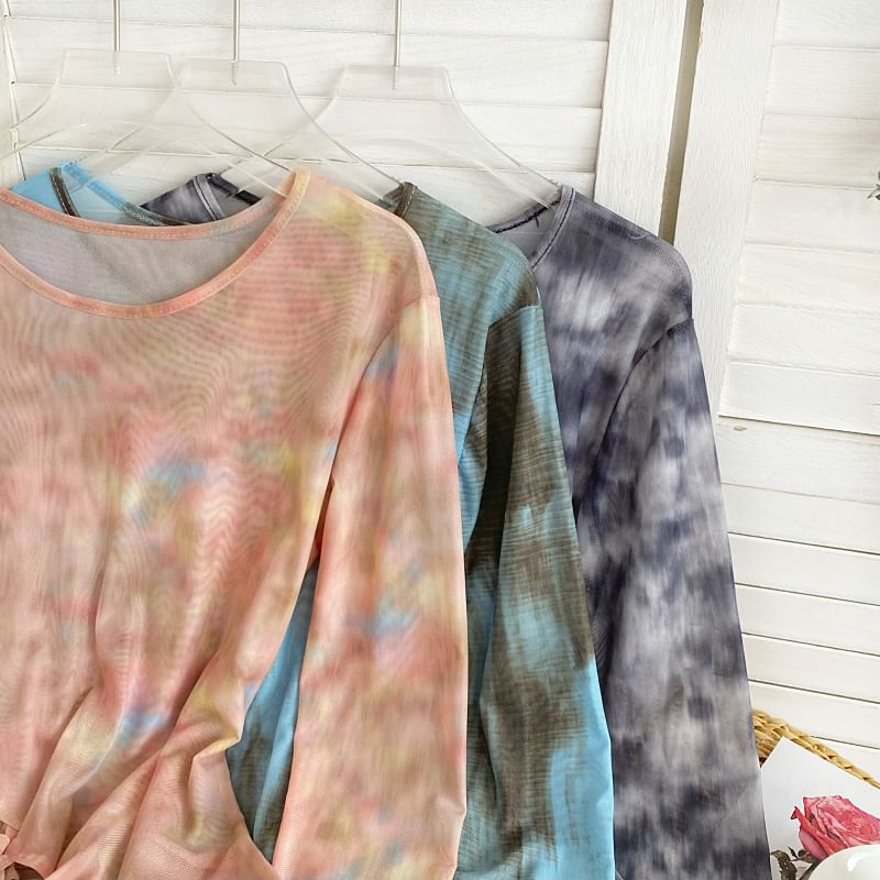 Long-Sleeve Round Neck Tie Dye Asymmetrical Lace Up Mesh Top